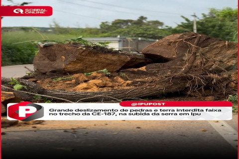 Deslizamento de pedras interdita faixa da CE-187 na Serra de Ipu e exige atenção de motoristas